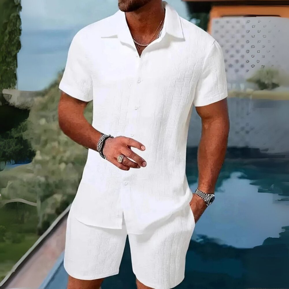 Men's White Collared Neck Short Sleeve Top & Shorts Resort Outfit